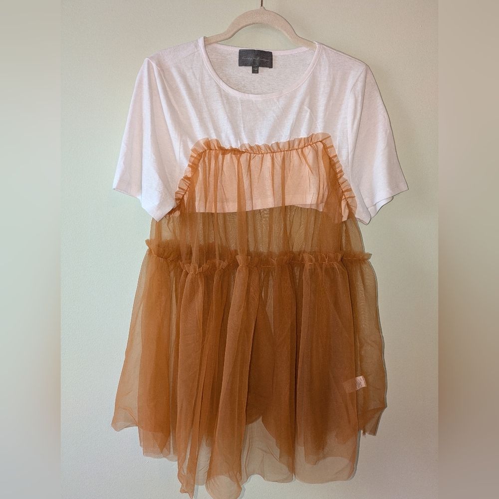 Anthropologie White and Orange Tulle Accent Top